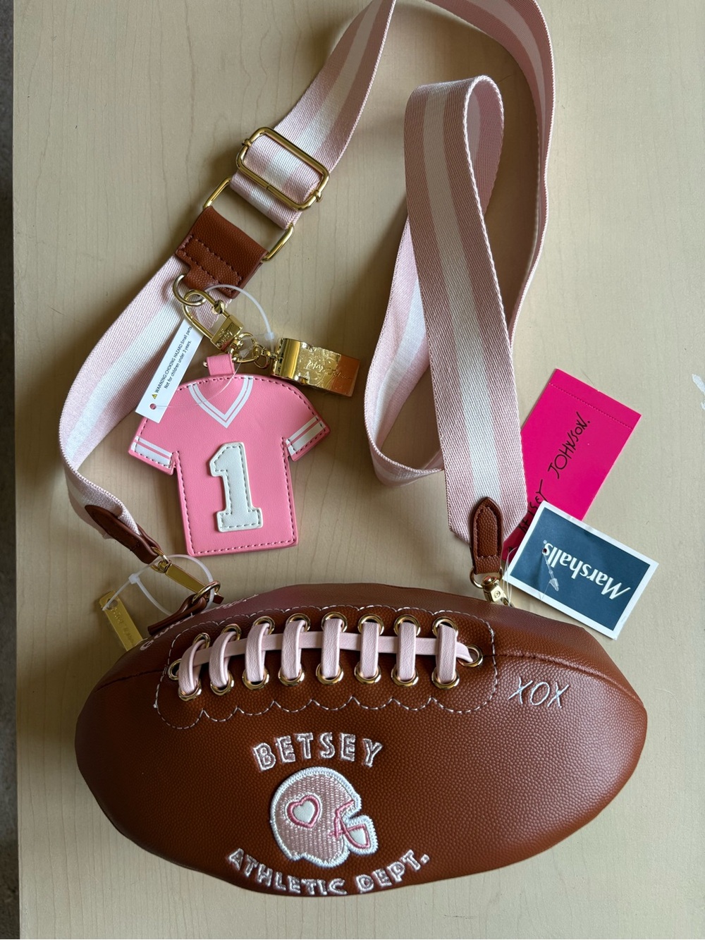 Betsey Johnson Pink & Brown Football Crossbody Bag with Strap